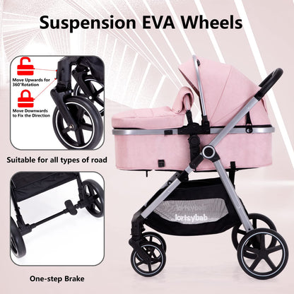 Lortsybab 2-in-1 Baby Stroller - Folding Infant Newborn Pram Stroller with Reversible Seat - Toddler Strollers for 0-36 Months Old Babies (Pink)
