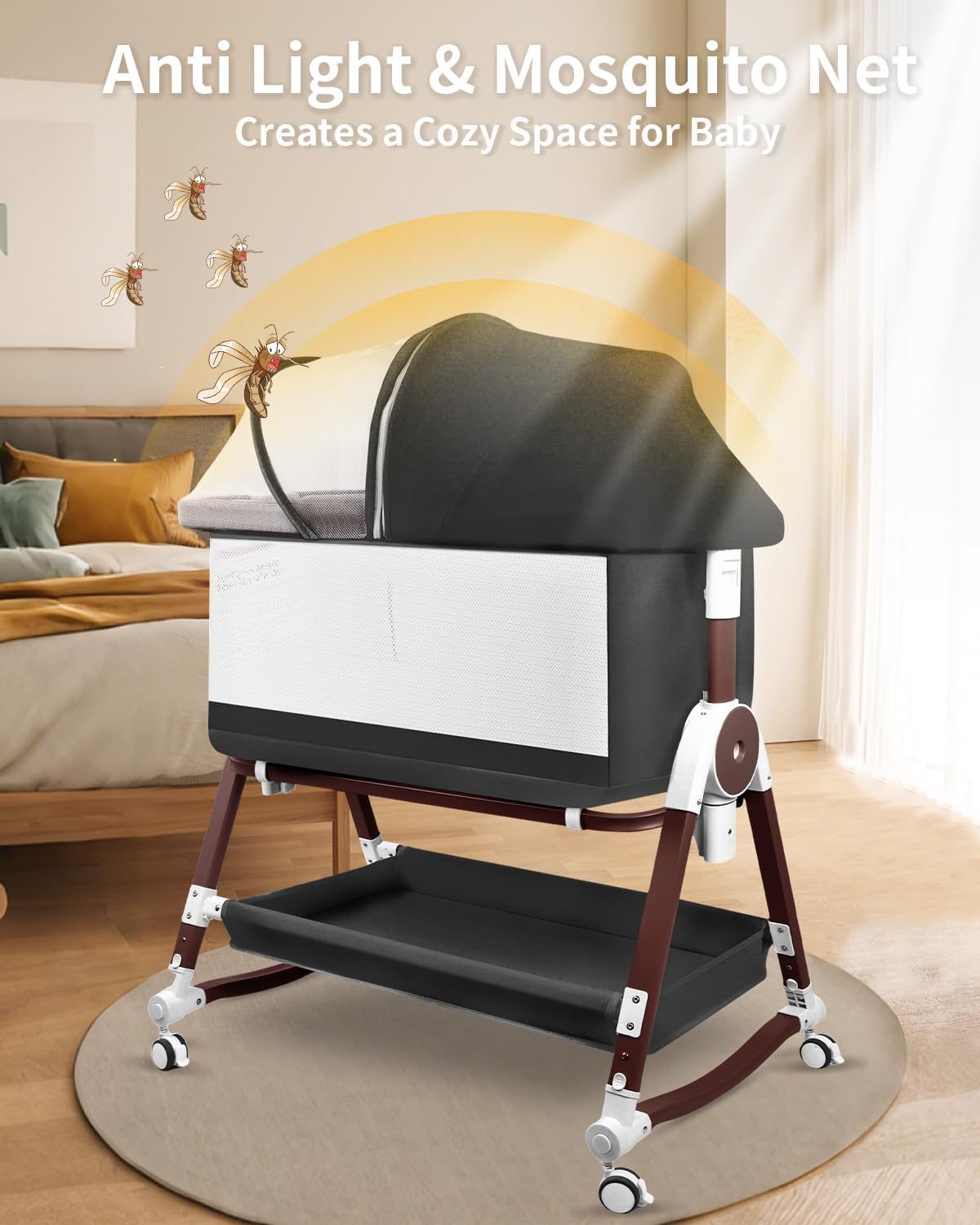 suihuooo 4 in 1 Baby Bassinet, Bassinets Bedside Sleeper with Wheels and Storage Basket, Adjustable 7 Heights Bedside Sleeper with Mosquito Net, Breathable Mesh Rocking Bassinet for Baby