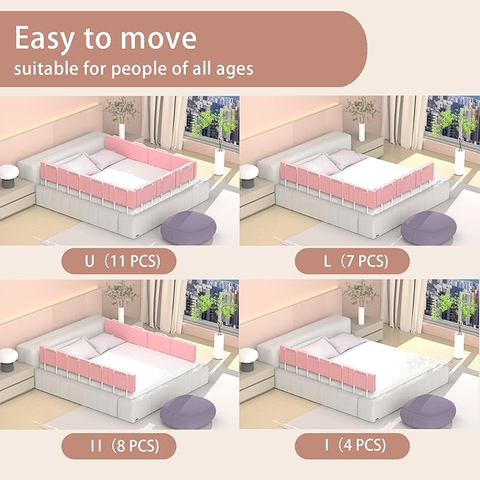Bed Rail Bumpers for Toddlers, Foam Padded Bed Barrier for Kids Safety, Adjustable Bed Side Guard Rails for Old Dogs, Bunk, Twin, Queen & King, Full Size Beds (Pink, 2Packs)