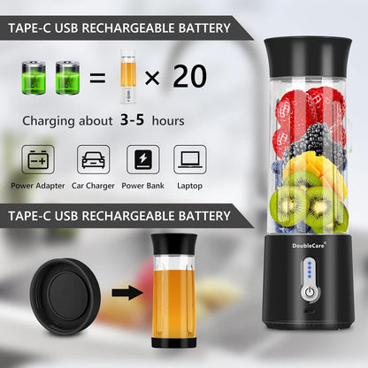 Portable Blender Cup,Electric USB Mini Juicer Blender For Shakes and Smoothies, Juice,380ml, Six Blades Great for Mixing,Black