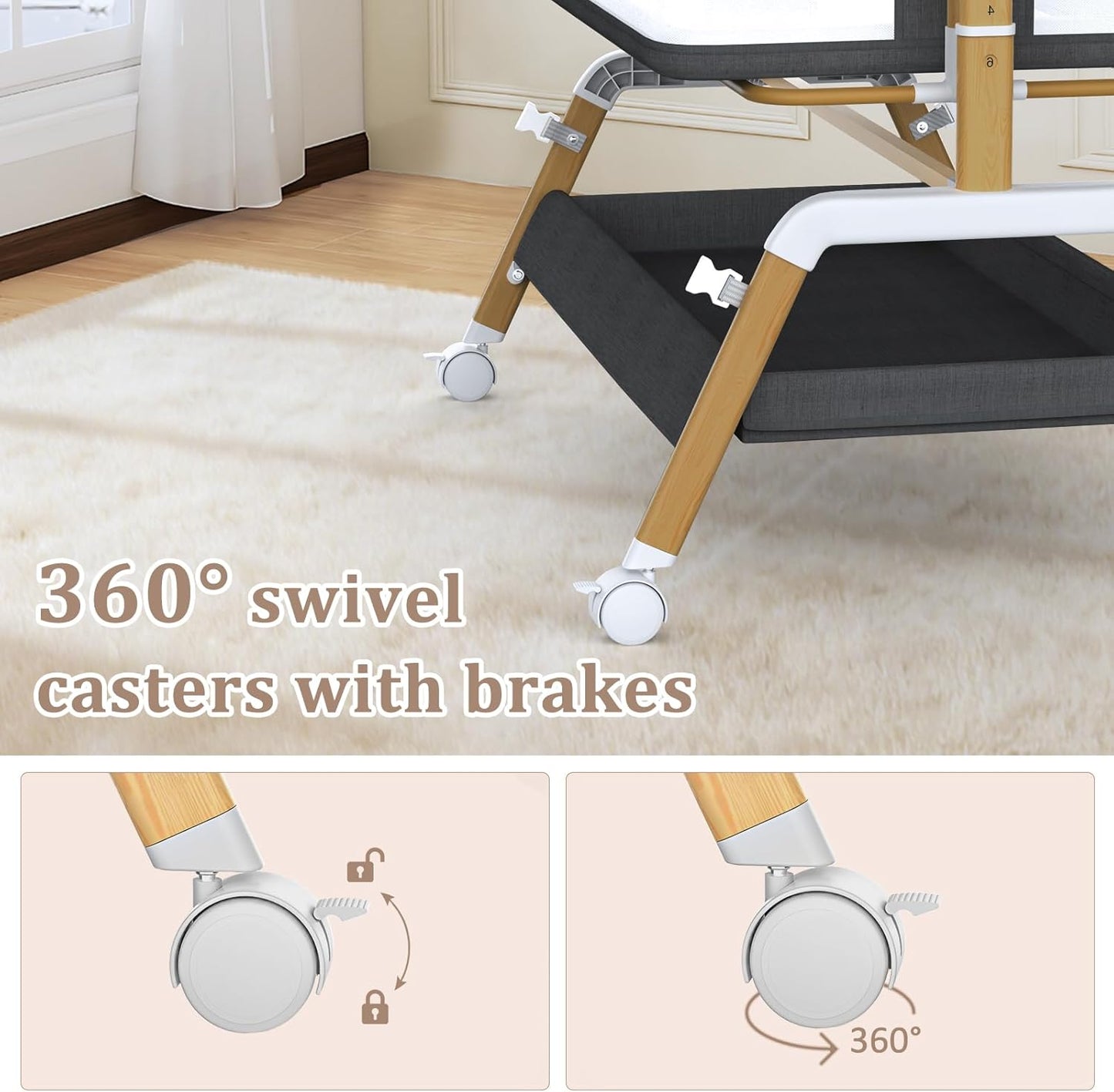 3 in 1 Baby Bassinet, Bedside Sleeper for Newborn, 7-Level Height Adjustable, Rocking Design with Breathable Mesh, Lockable Wheels & Large Storage Space, Portable Baby Crib（Dark Gray）