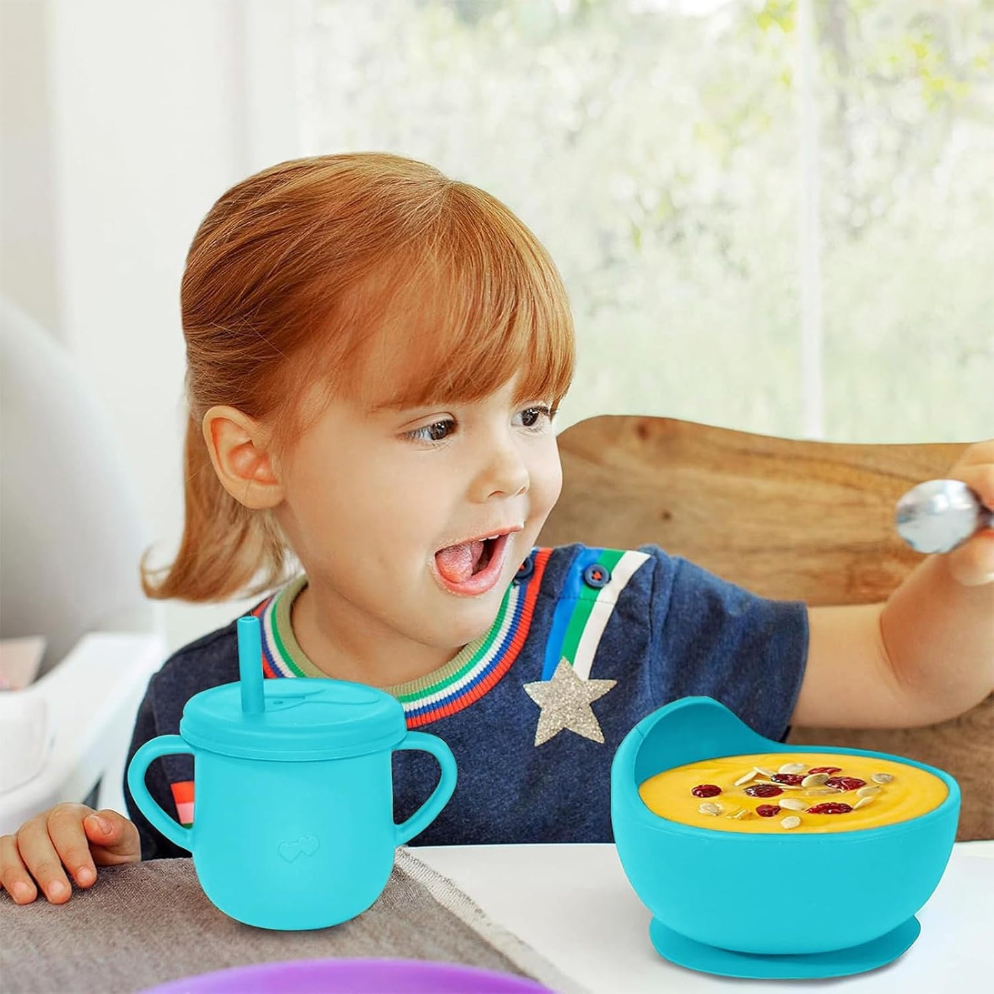 100% Silicone Baby Feeding Set, BPA Free Baby Dishes with Suction Bowl, Divided Plate, Toddler Self Feeding Dish Set with Spoons, Forks, Sippy Cup and Bib, Baby Eating Utensils (Navy Blue)