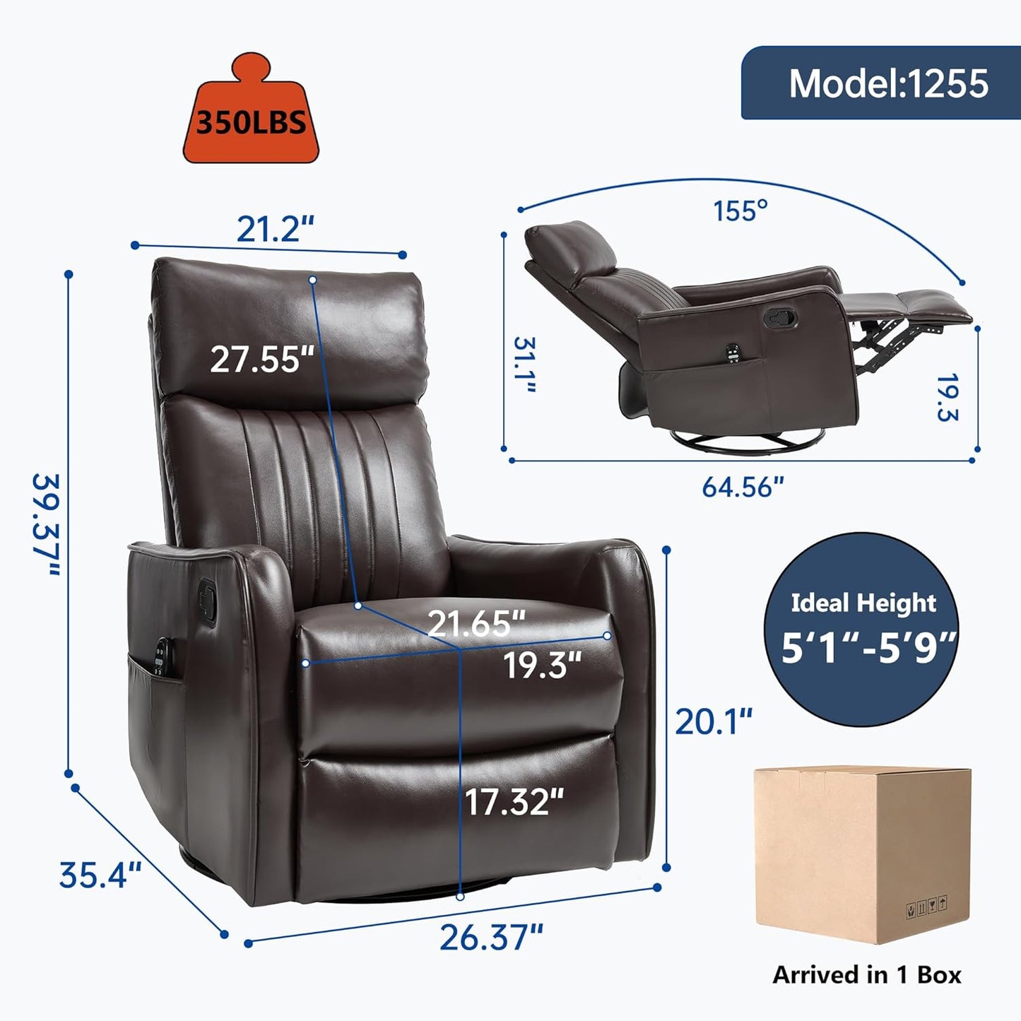 Swivel Rocker Recliner Chair for Adults, Nursery Rocking Chair with Heat and Massage, Glider Reclining Chair for Small Space Living Room Bedroom, Faux Leather Black