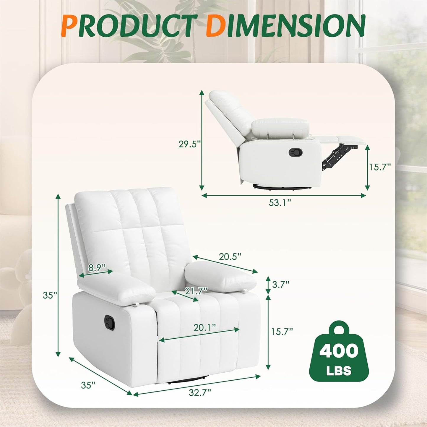 AILEEKISS Nursery Glider Recliner Rocking Chair w/Adjustable Armrests, Oversized 360° Swivel, 30° Rocker, 90°-160° Recline, White Leather Reclining Nursing Living Room Chair for Breastfeeding Bedroom