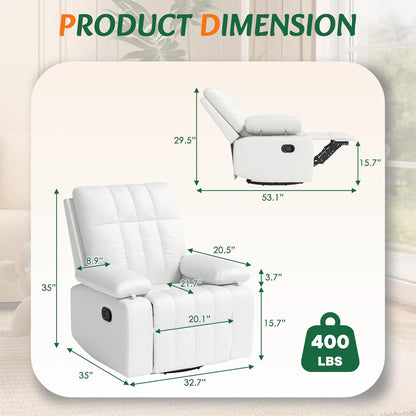 AILEEKISS Nursery Glider Recliner Rocking Chair w/Adjustable Armrests, Oversized 360° Swivel, 30° Rocker, 90°-160° Recline, White Leather Reclining Nursing Living Room Chair for Breastfeeding Bedroom