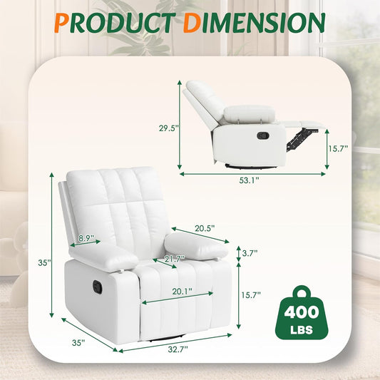 AILEEKISS Nursery Glider Recliner Rocking Chair w/Adjustable Armrests, Oversized 360° Swivel, 30° Rocker, 90°-160° Recline, White Leather Reclining Nursing Living Room Chair for Breastfeeding Bedroom