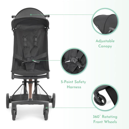 Evolur Roamer Ultra Lightweight Stroller, Compact One-Hand Self-Standing Fold Travel Stroller with 5-Point Safety Harness, Adjustable Sun Canopy, 360° Rotating Wheels with Cup Holder - Red
