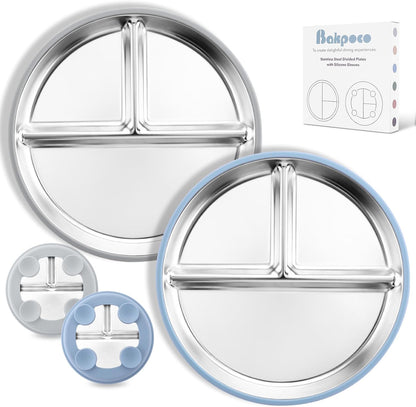 Bakpoco Stainless Steel Toddler Plate with Suction, 9” Divided Plates with Removable Silicone Sleeves for Kids, Non Toxic & BPA Free | Non Slip | Unbreakable Baby Snack Dishes Set of 2, Blue & Gray