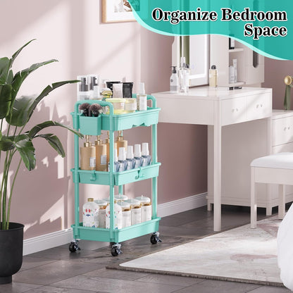 SUNALLY 3 Tier Rolling Cart with Drawer, Bathroom Storage Organizer with 2 Lockable Wheels, Multifunctional Rolling Storage Cart for Bathroom, Kitchen, Office, Craft, Makeup, Baby Essentials, White