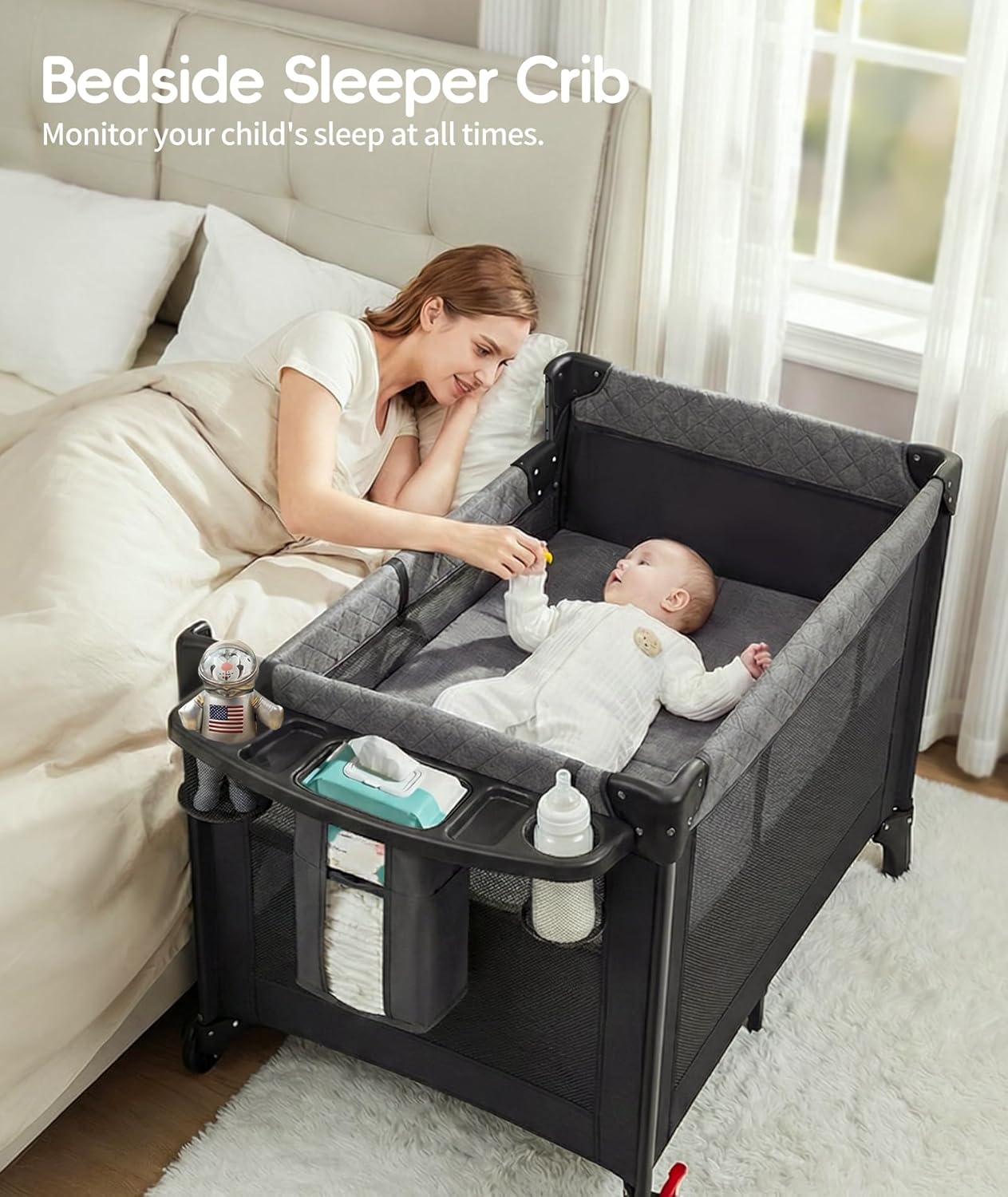 4 in 1 Baby Bassinet Bedside Crib with One-Hand Setup & Waterproof Mattress – ASTM-Certified Pack and Play, Portable Foldable Playard with Diaper Changer for Newborn to Toddler(Black)