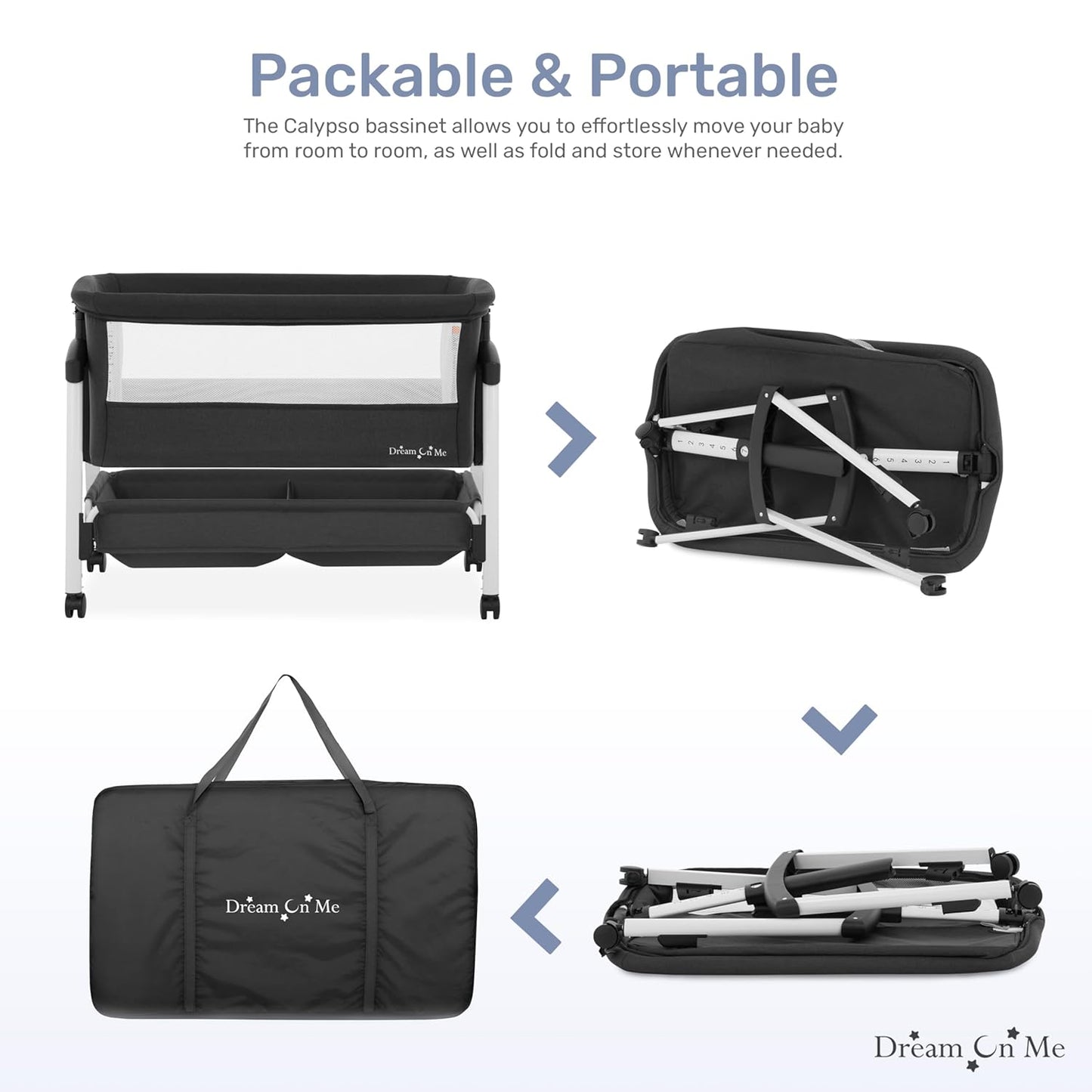Dream On Me Calypso Portable Bassinet with Wheels, Adjustable Height Bedside Sleeper, Foldable Baby Bassinet with Breathable Mesh Sides, Foam Mattress, Easy Mobility & Travel-Friendly Design - Black