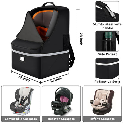Car Seat Travel Bag,Padded Car Seats Backpack with Steel Cable Handle and Reflective Stripes, Large Durable Carseat Carrier Bag,Airport Gate Check Bag,Infant Seat Travel Bag with Shoulder Strap,Black