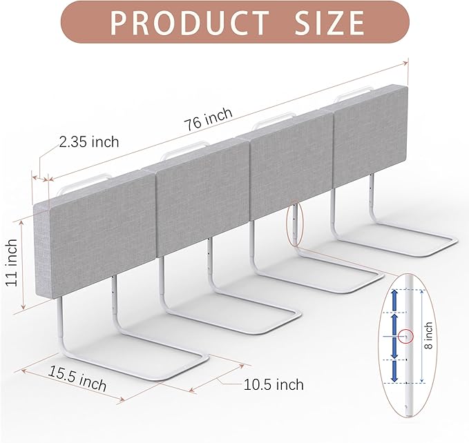 Bed Rail, Bed Rail for Toddlers, Kid, 78.7 Inch Bed Side Rails Safety for Queen, King, Full, Twin, Bunk, Dorm Beds to Prevent Falls, Bed Barrier for Dogs, Easy Installation (Gray, 4 Packs)