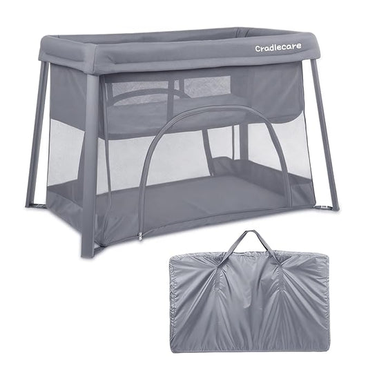 Pack and Play with Bassinet & Mattress, Lightweight Portable Baby Bed, Foldable Travel Bassinet Playard with Storage Bag, Easy Setup Playpen for Babies & Toddlers (Grey)