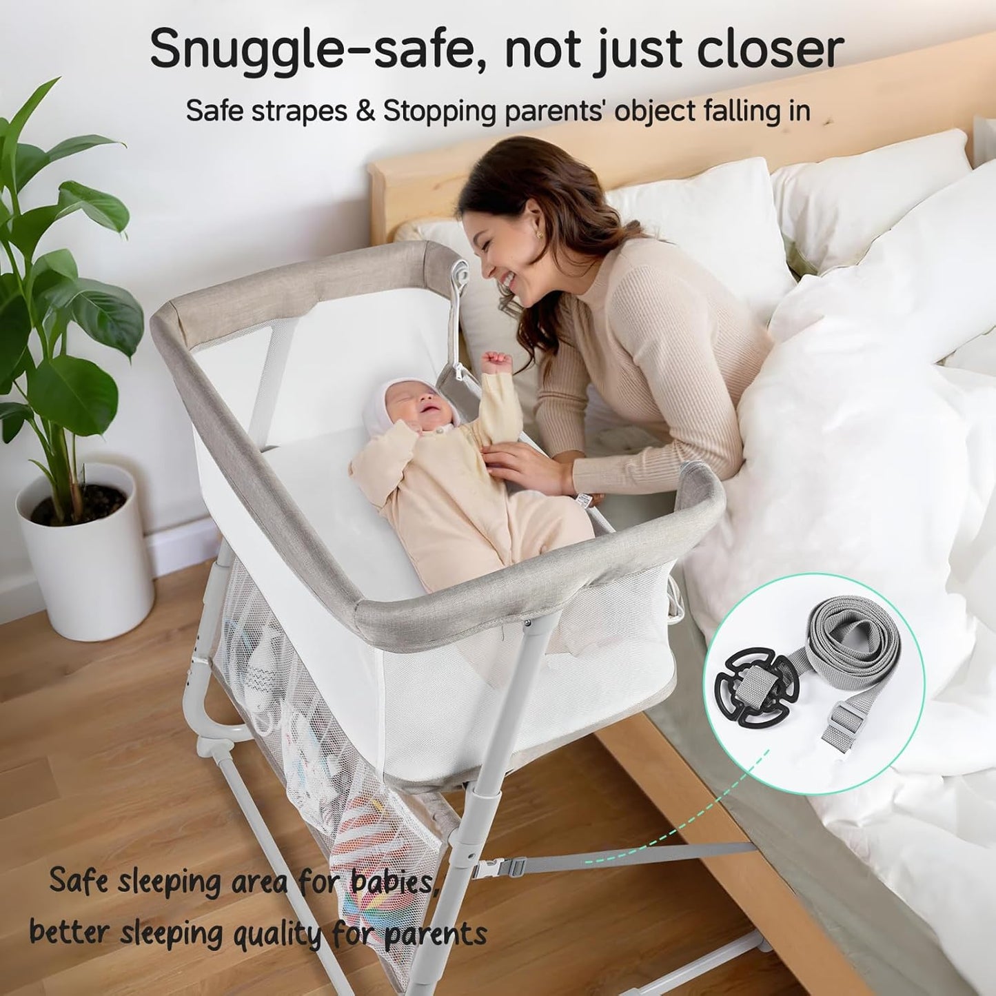 Cowiewie Bassinet Bedside Sleeper,Baby Bassinet Slides Over Bed,5-Position Height Adjustment & Breathable All-Mesh Wall Bedside Bassinet for Baby,Space-Saving Bedside Crib, Height(37.4-41.3") (Beige)