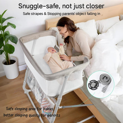 Cowiewie Bassinet Bedside Sleeper,Baby Bassinet Slides Over Bed,5-Position Height Adjustment & Breathable All-Mesh Wall Bedside Bassinet for Baby,Space-Saving Bedside Crib, Height(37.4-41.3") (Beige)
