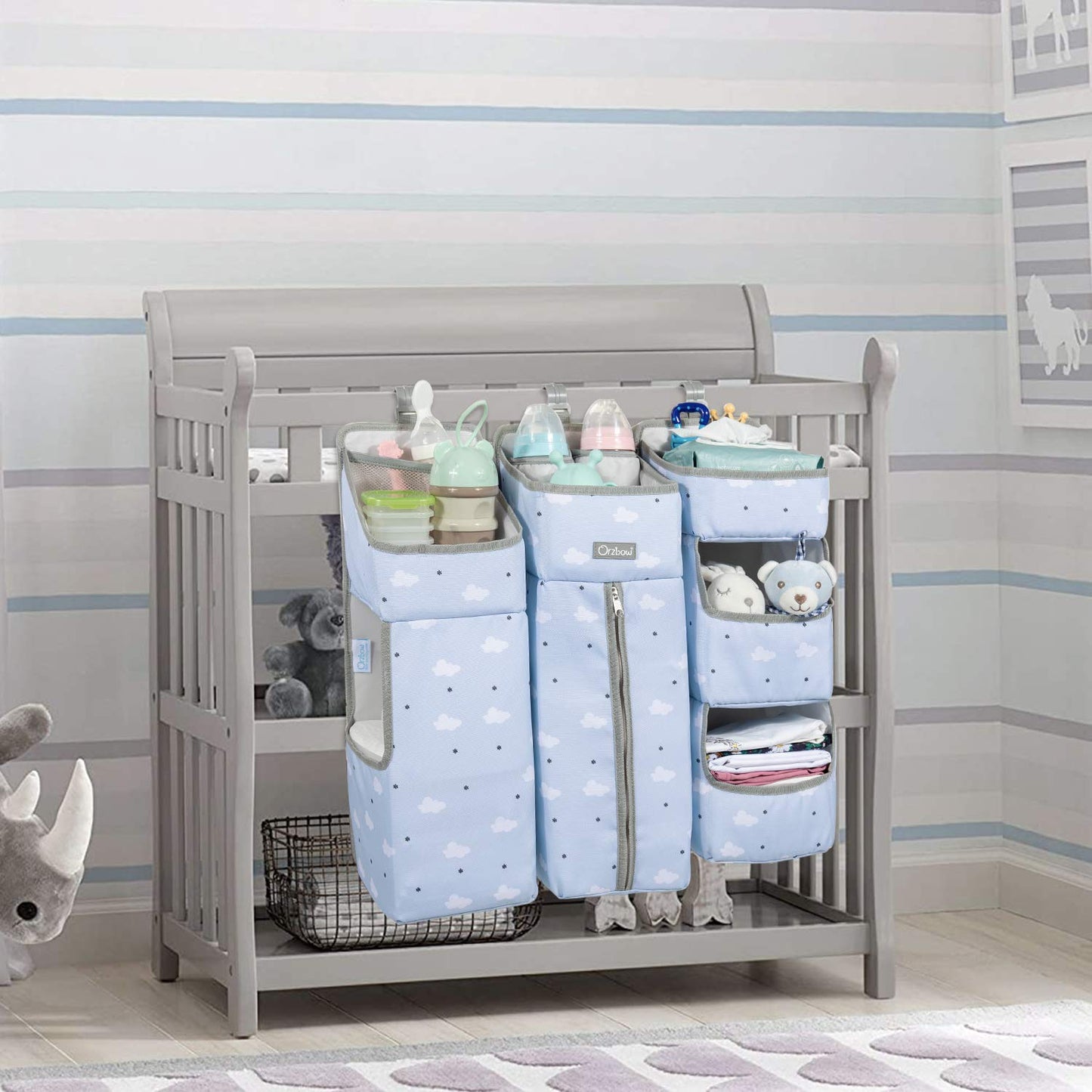 Orzbow 3-in-1 Hanging Diaper Caddy Organizer for Changing Table, Nursery Organization and Diaper Stacker for Crib Wall, Removable Diaper Organizer for Baby Girl Essentials, Pink