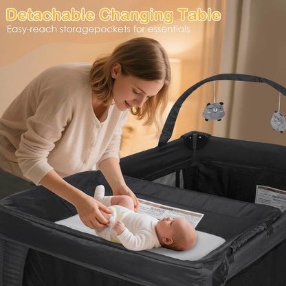 3 in 1 Pack and Play, Baby Bassinet, Changing Tabler - Portable Baby Playpen for Babies and Toddlers, Foldable Playard with Locking Wheels & Storage Diaper Basket(Black)