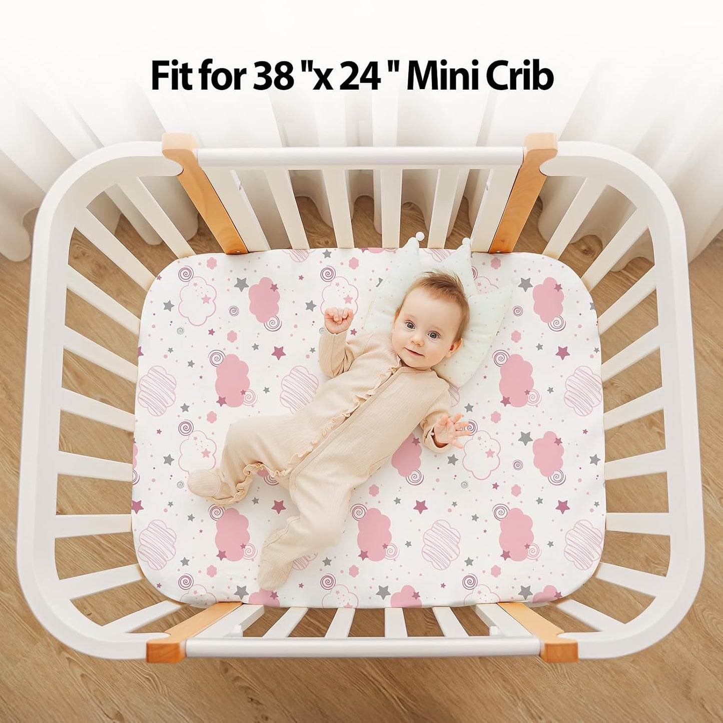 Baby Mini Crib Sheets Girl, Portable 38”x26” Pack and Play Sheets Fitted for Playard and Pack N Play Mattress, 3-Pack Soft Microfiber Pink Rainbow