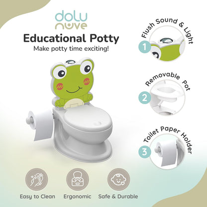 Dolu Nuve Frog Potty Chair for Baby and Toddler Training with Light and Sound, Toilet Paper Holder, and Removable Seat, White