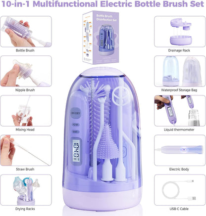 Electric Bottle Brush Cleaner,Rechargable Electric Baby Bottle Brush Cleaner with Thermometer,Silicone Bottle/Nipple/Straw Brush,Drying Rack,Travel Bottle Cleaner Kit for New Moms (Pink)