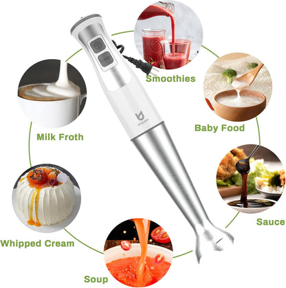 Immersion Hand Blender, UTALENT 5-in-1 8-Speed Immersion Blender with 500ml Food Grinder, 600ml Container,Milk Frother,Egg Whisk,Puree Infant Food, Smoothies, Sauces and Soups - White