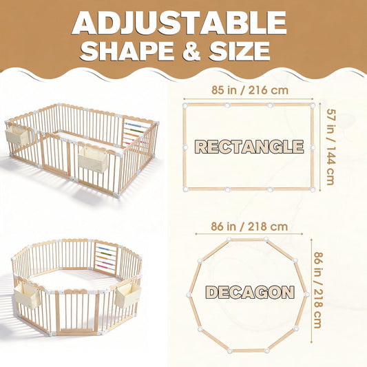 M MEEPO Foldable Baby Playpen, 57 x 57 x 25 in, Adjustable Shape & Size Wooden Baby Playpen with 2-Pack Storage Bags, Nature Pine Wood Play Yard for Infant, Toddler, Safety Lock Door, Build in Toys