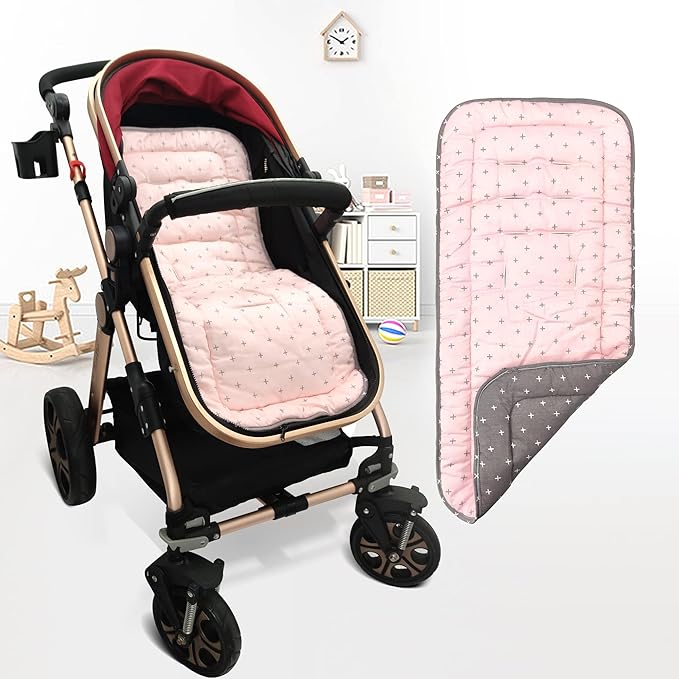 Baby Stroller Cushion,Infant Car Seat Insert-Reversible Universal Breathable and Soft Newborn seat Liner for Stroller,100% Cotton Seat Pad Liner for Newborns-34x78cm,1 Pack(Pink+Grey Cross)