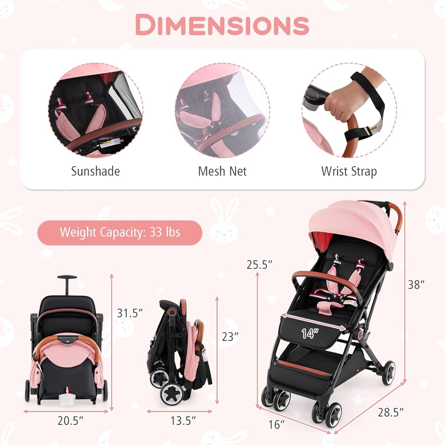 HONEY JOY Travel Stroller, One-Hand Quick Fold Lightweight Umbrella Stroller for Airplane, Wrist Wrap & Net, Multi-Position Recline, Overhead Friendly Compact Stroller for Newborn and Toddler(Gray)