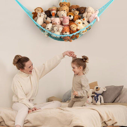 Stuffed Animal Storage Hammock Net Corner - Large Toy Hammock Net for Stuffed Animals Room Decor - Cute Stuff Animal Organizer Holder for Plush Plushie - Kids Baby Nursery Wall Bedroom Home Decor