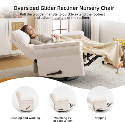 Oversized Glider Rocker Recliner, 26" Extra Wide 360° Swivel Nursery Recliner with Adjustable Headrest, Chenille Rocking Nursery Chair with Overstuffed Armrest, Lumbar Support, Light Grey