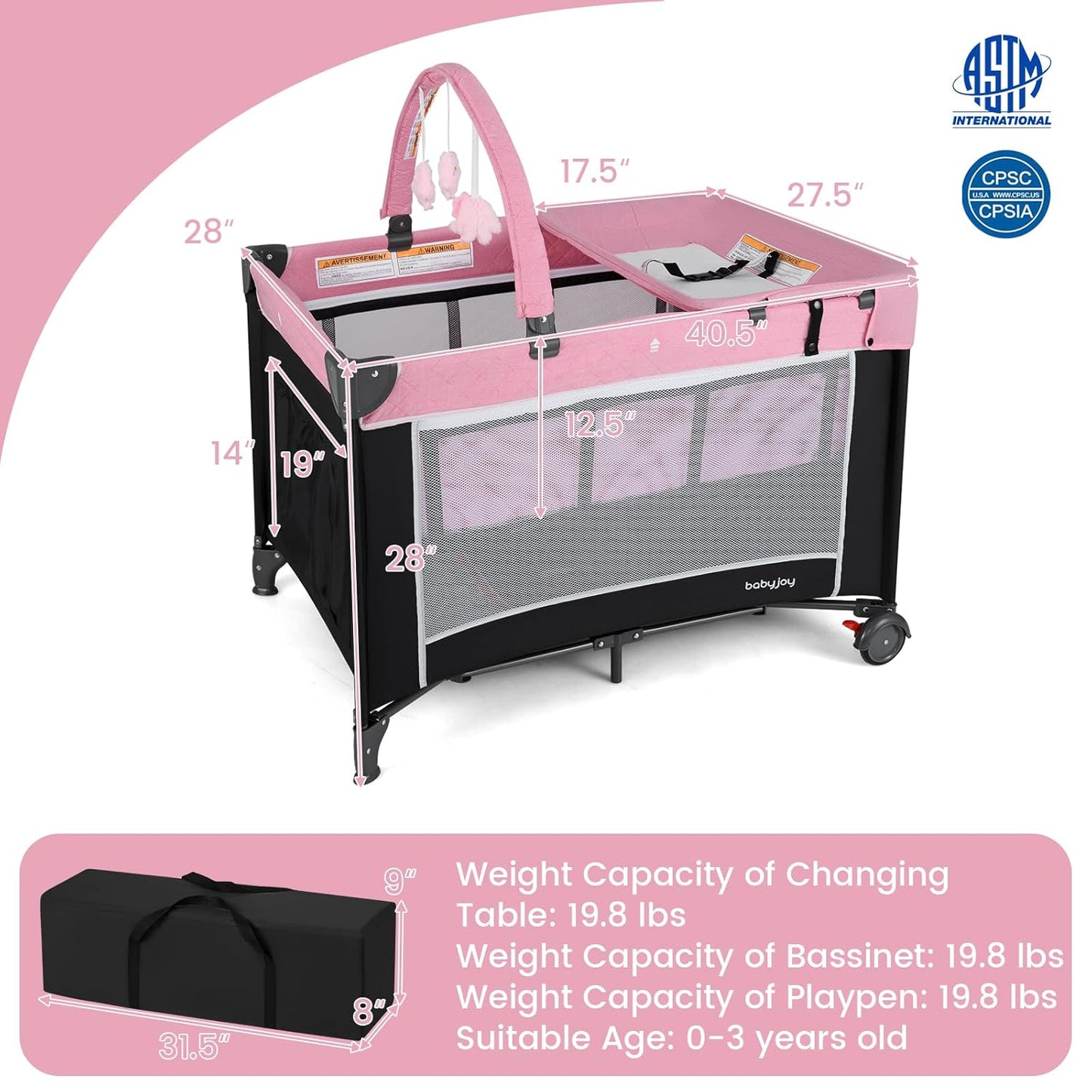 BABY JOY 3 in 1 Pack and Play, Travel Baby Crib Bassinet Bed with Bassinet, Changing Table with Safety Belt, Toy Bar, Lockable Wheels, Portable Baby Playard from Newborn to Toddler