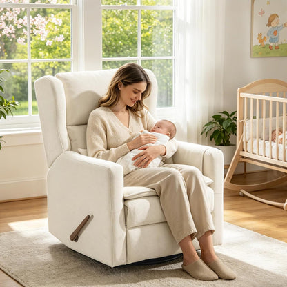Large Glider Rocker Recliner,Rocking Chair Nursery with Adjustable Headrest,Swivel Rocker Recliner with Lumbar Support,Manual Nursery Rocker Recliner for Living Room& Bedroom,Chenille White