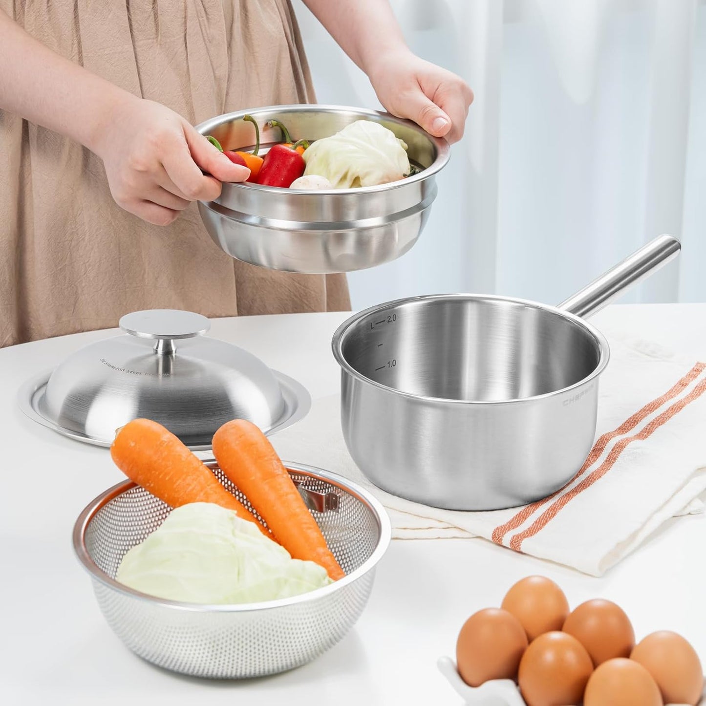 316 Stainless Steel 2.3 Quart Sauce Pan Baby Food Maker with Steamer Basket, Strainer & Lid, 3-in-1 Multi-Function Pot, 5-Ply Induction Cookware, Dishwasher & Oven Safe