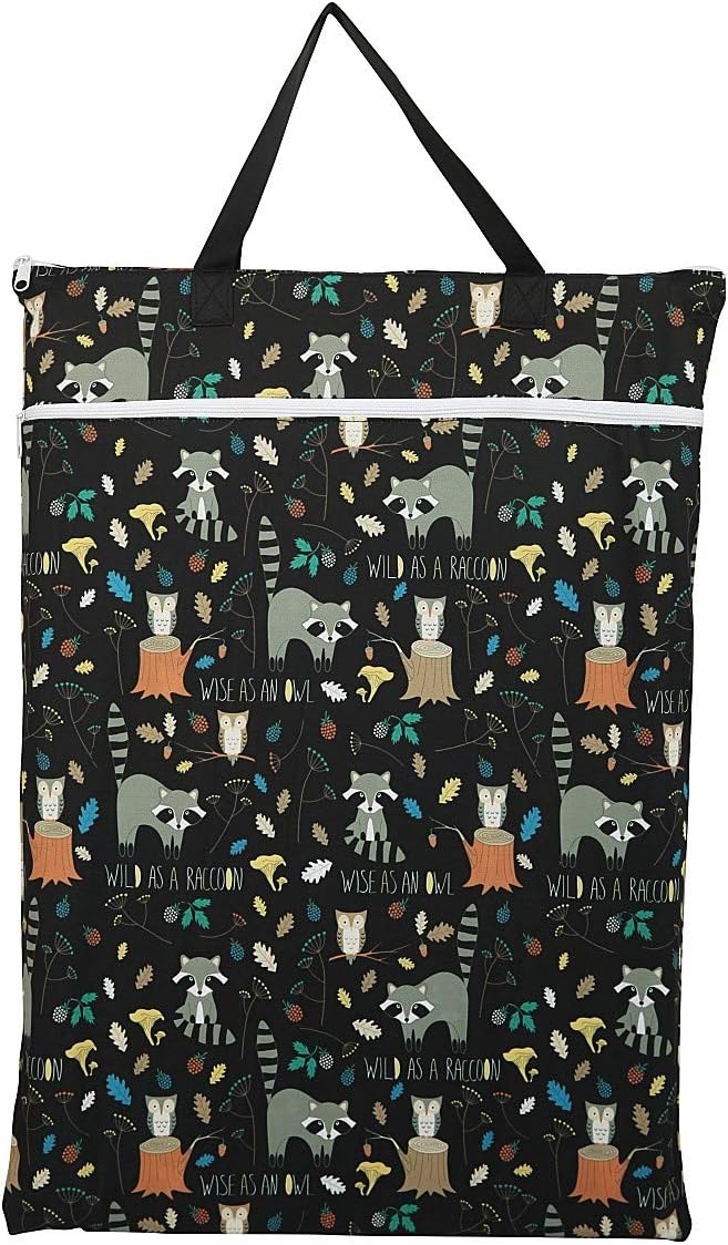 Large Hanging Wet/Dry Cloth Diaper Pail Bag for Reusable Diapers or Laundry (Raccoon)