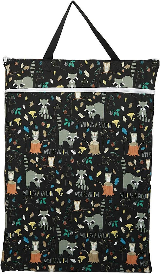 Large Hanging Wet/Dry Cloth Diaper Pail Bag for Reusable Diapers or Laundry (Raccoon)