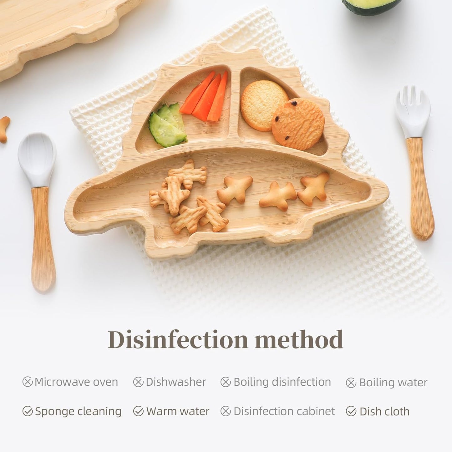 HBM Bamboo Baby Plate Set with Suction - Dinosaur Divided Toddler Dishes with Matching Fork & Spoon | Natural Wood Stay-Put Feeding Set for Infants & Kids (Marble Texture Not Stains)