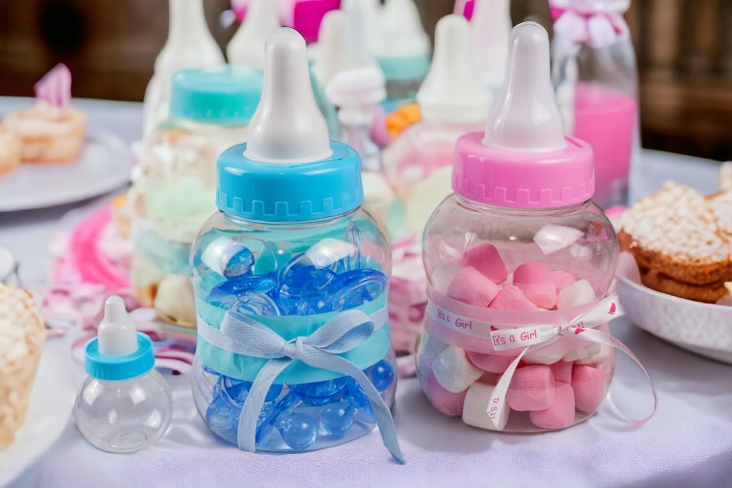 Evershine Plastic Baby Bottle Bank, 13" Blue Fillable Baby Shower Bank, Plastic Jumbo Baby Favor Bottle Centerpiece
