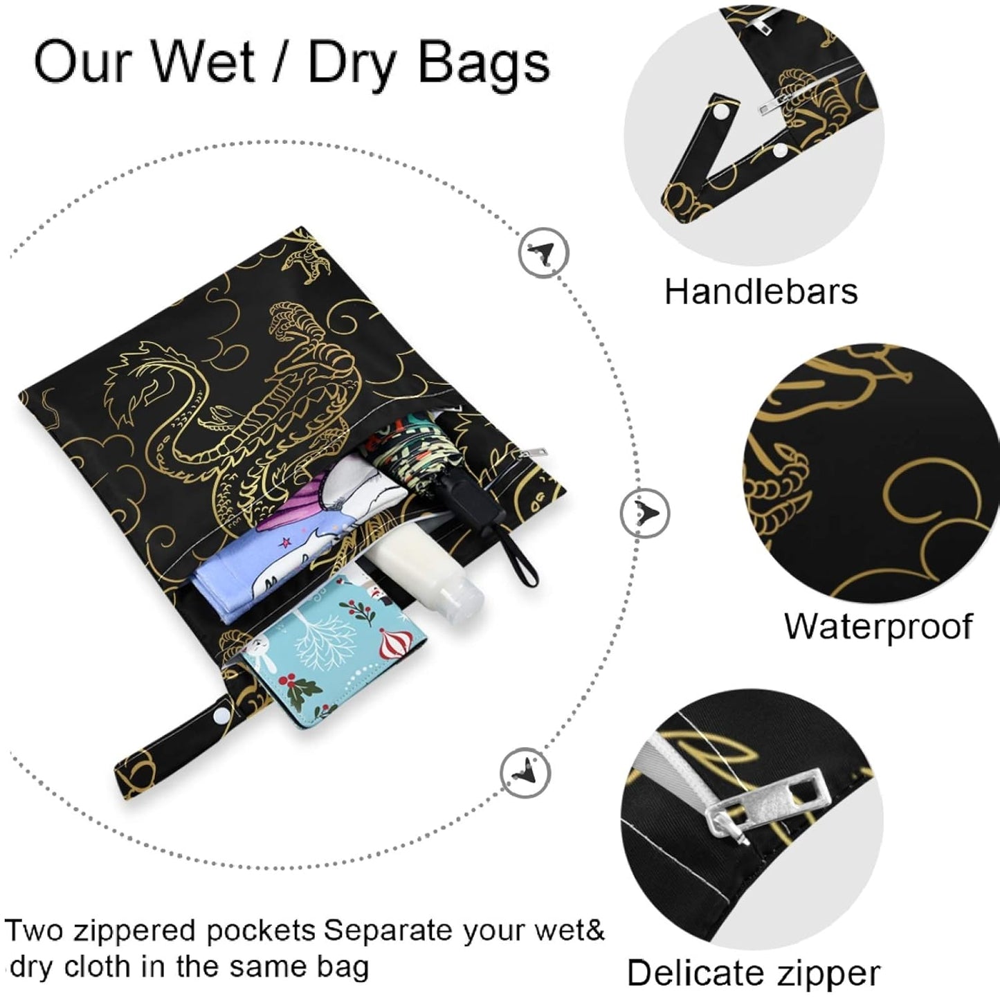 visesunny Yellow Dinosaurs Volcano and Palm Tree 2Pcs Wet Bag with Zippered Pockets Washable Reusable Roomy for Travel,Beach,Pool,Daycare,Stroller,Diapers,Dirty Gym Clothes, Wet Swimsuits, Toiletries