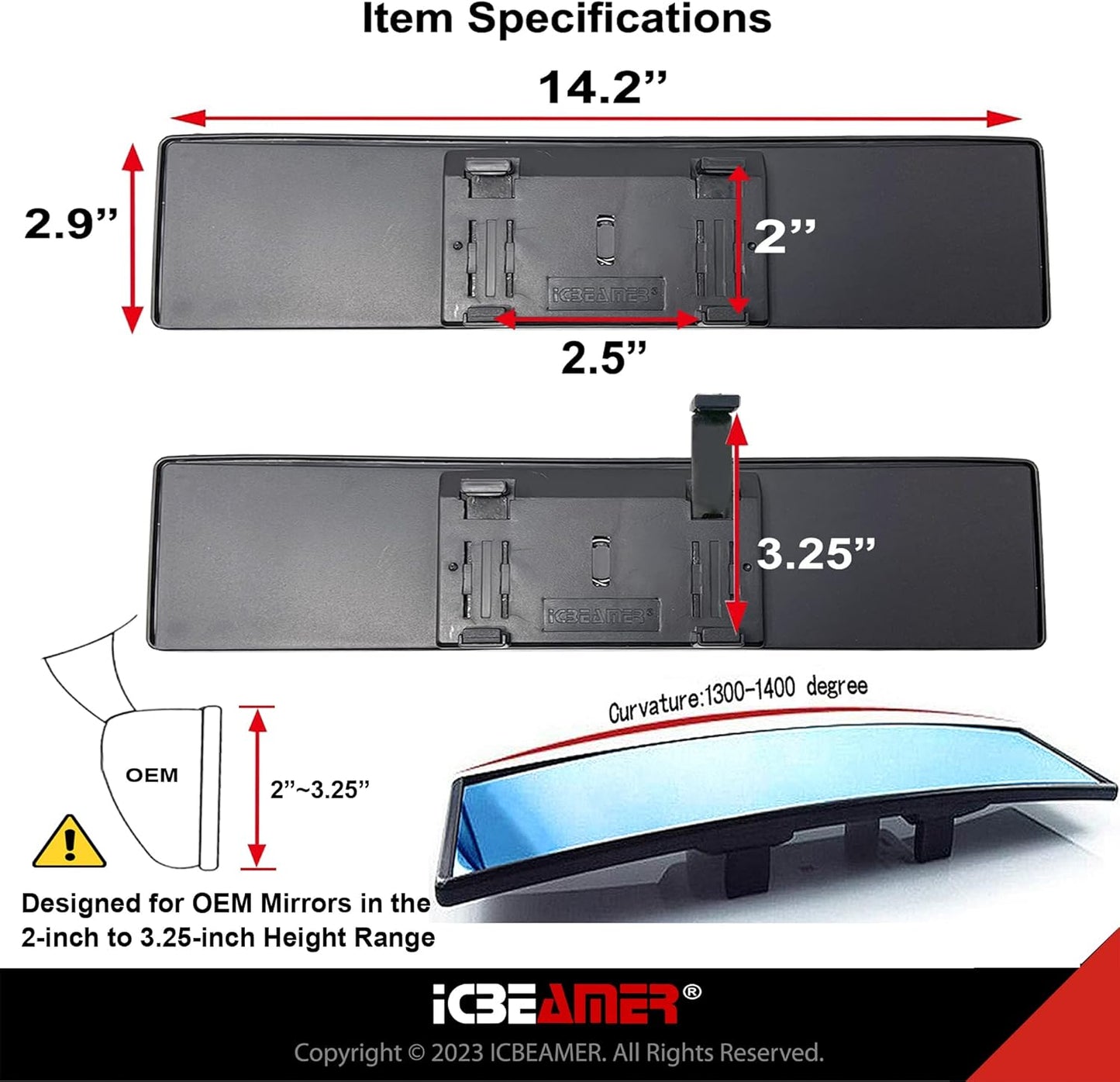11.8" ICBEAMER Clip On Rear View Mirror | Convex Blue Tint Glass, Panoramic Wide Angle HD Glass, Anti Glare, Universal Fit for Car, SUV, Truck | Eliminates Blind Spots (1 Pack)