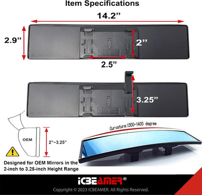 11.8" ICBEAMER Clip On Rear View Mirror | Convex Blue Tint Glass, Panoramic Wide Angle HD Glass, Anti Glare, Universal Fit for Car, SUV, Truck | Eliminates Blind Spots (1 Pack)