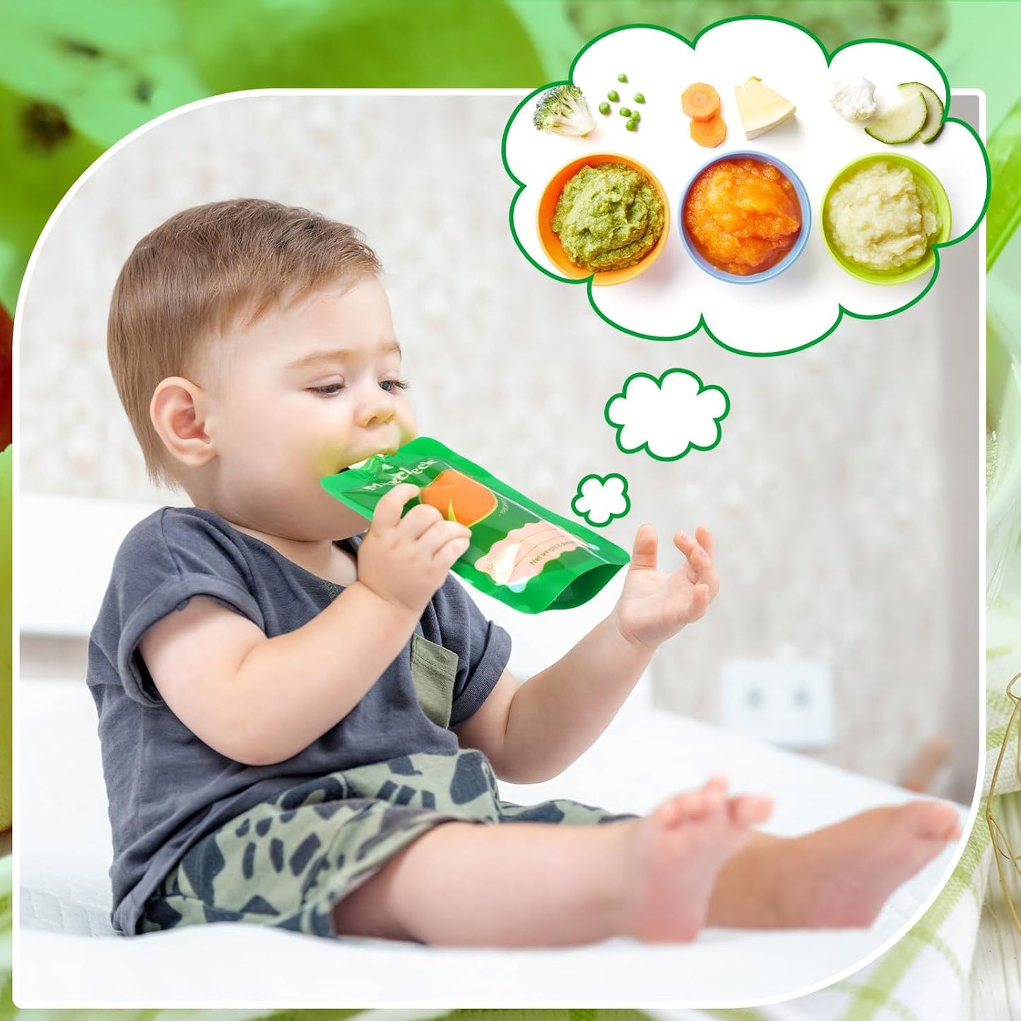 Maxcheck 103 Pcs Refillable Baby Food Pouches Maker Set Include 100 Pcs Portable Fruit Puree Pouch Storage Bags, Baby Food Maker, Pen and Brush for Babies Kids Toddlers