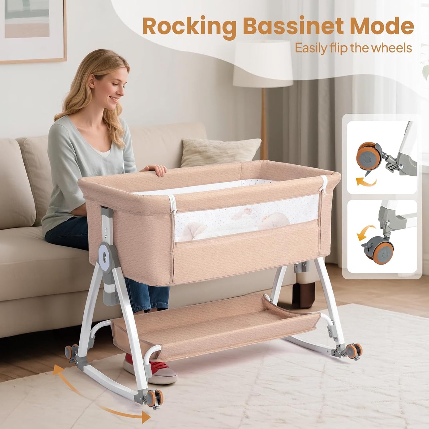 JOYMOR 3 in 1 Baby Bassinet, Bedside Bassinet for Baby, with Comfy Mattress and Wheels, 6 Height Adjustable Easy Folding Portable Bedside Crib for Newborn (Black)