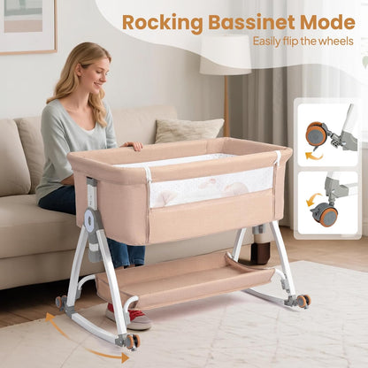 JOYMOR 3 in 1 Baby Bassinet, Bedside Bassinet for Baby, with Comfy Mattress and Wheels, 6 Height Adjustable Easy Folding Portable Bedside Crib for Newborn (Black)