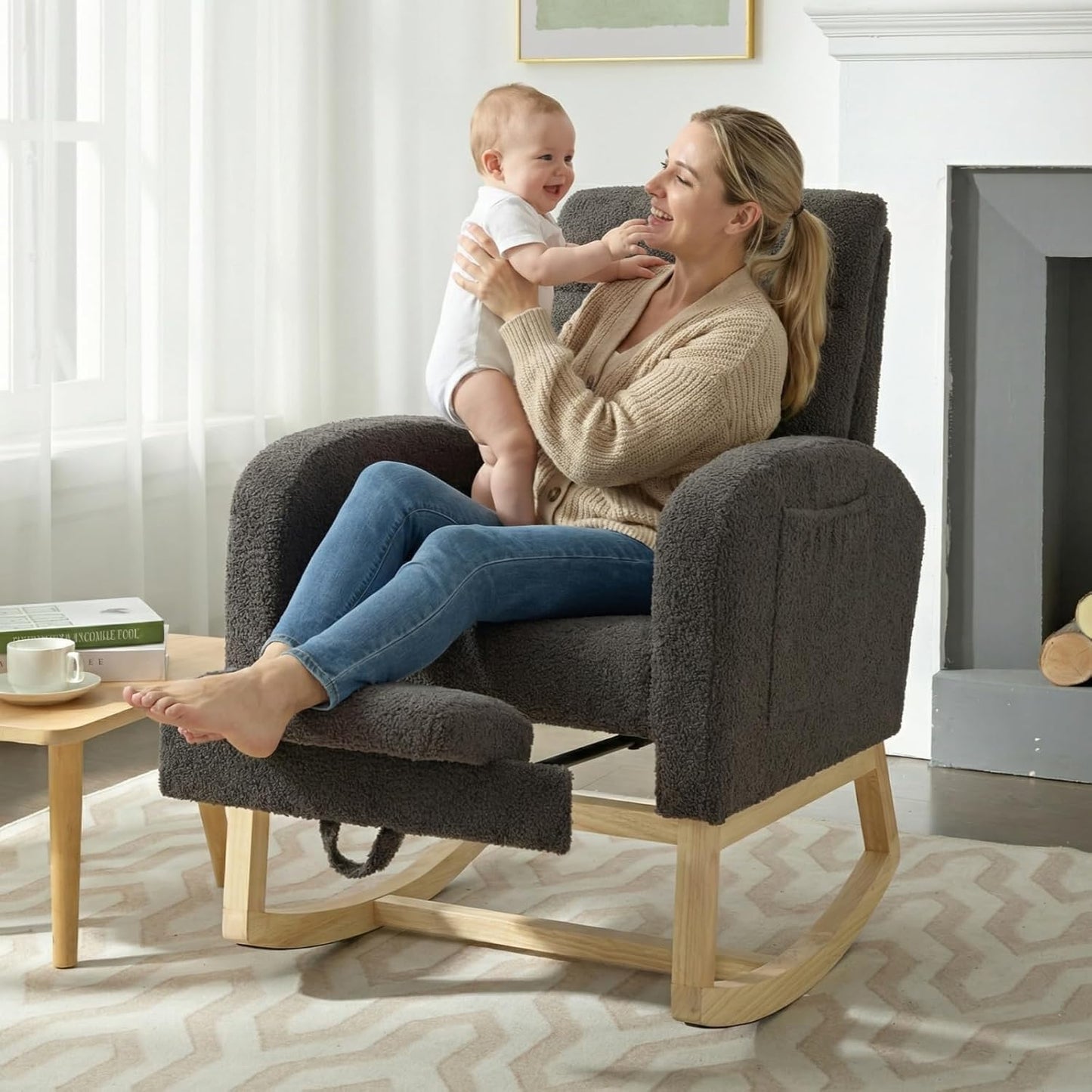 NIOIIKIT Modern Nursery Rocking Chair, Teddy Upholstered Rocking Chair with Footrest, Comfortable Rocker Recliner with Side Pocket, Rocker Glider for Living Room, Bedroom, Nursing Room (Apricot)