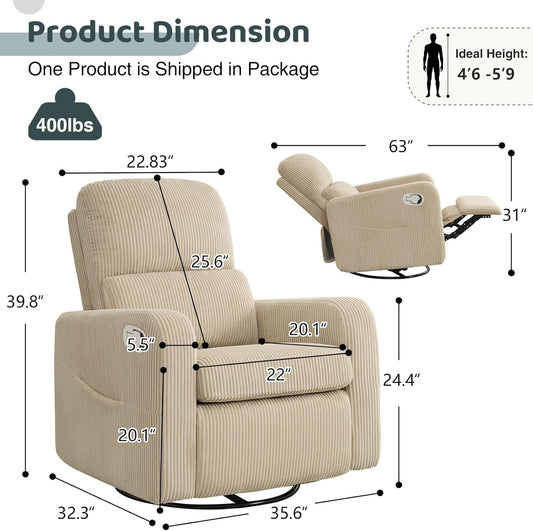 Swivel Rocker Recliner, Oversized Boucle Glider Recliner Nursery, Manual Swivel Rocking Reclining Chairs with Removable Cushion and Lumbar Support for Nursery Living Room Bedroom, Teddy White