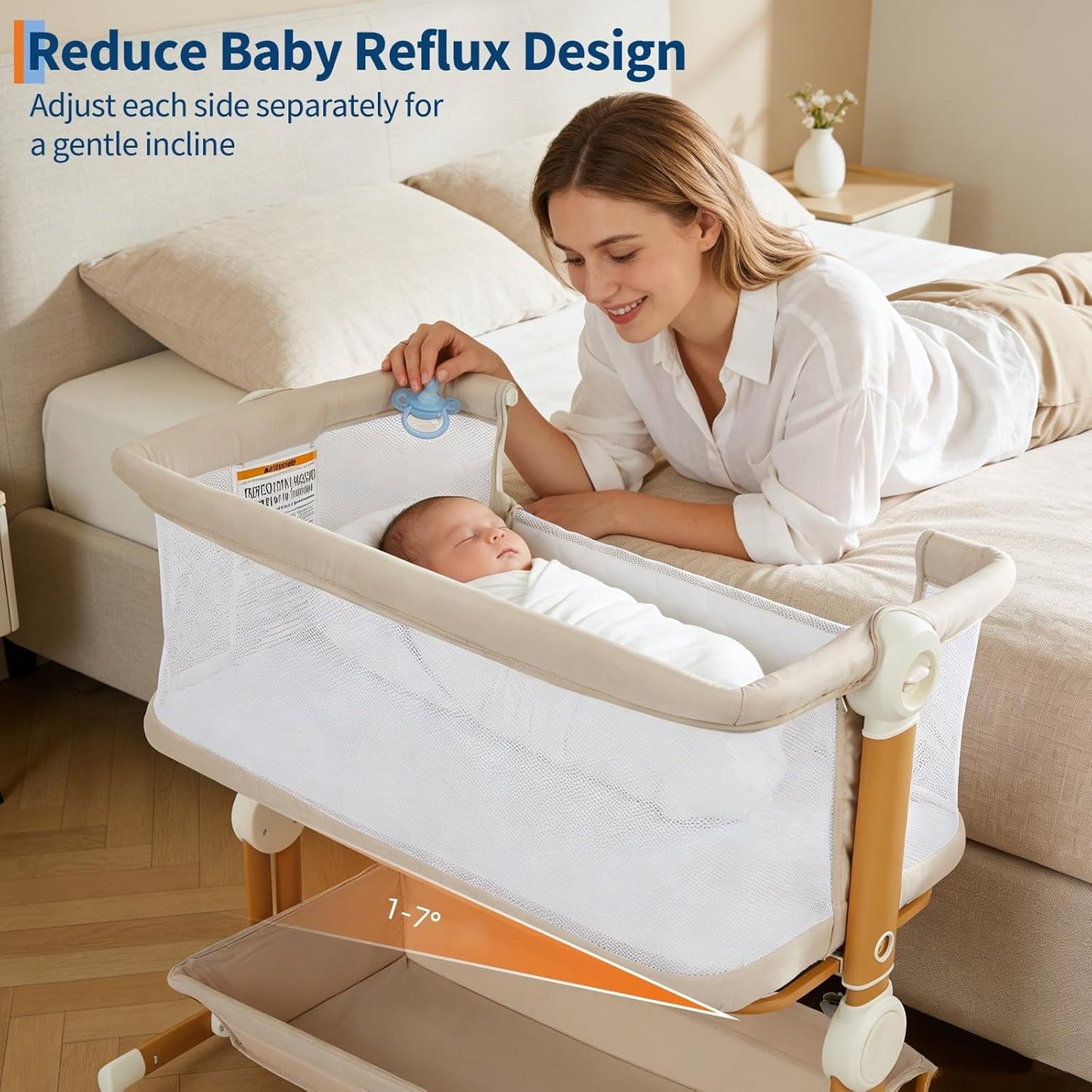 Baby Bassinet, 3-in-1Bassinet Bedside Sleeper with Wheels, Large Storage Basket, Cozy Mattress, Full Mesh Sides, 6-Height Adjustable,1-7°Anti-Reflux Incline, Easy Folding Portable Bassinet for Newborn