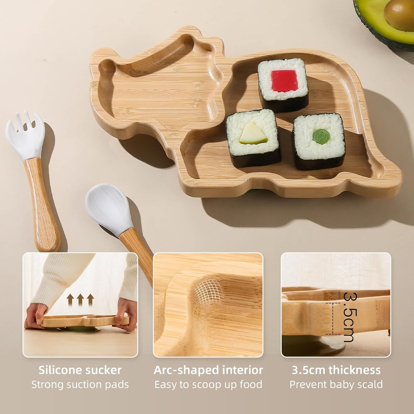 HBM Bamboo Baby Plate Set with Suction - Dinosaur Divided Toddler Dishes with Matching Fork & Spoon | Natural Wood Stay-Put Feeding Set for Infants & Kids (Marble Texture Not Stains)
