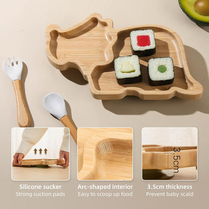 HBM Bamboo Baby Plate Set with Suction - Dinosaur Divided Toddler Dishes with Matching Fork & Spoon | Natural Wood Stay-Put Feeding Set for Infants & Kids (Marble Texture Not Stains)
