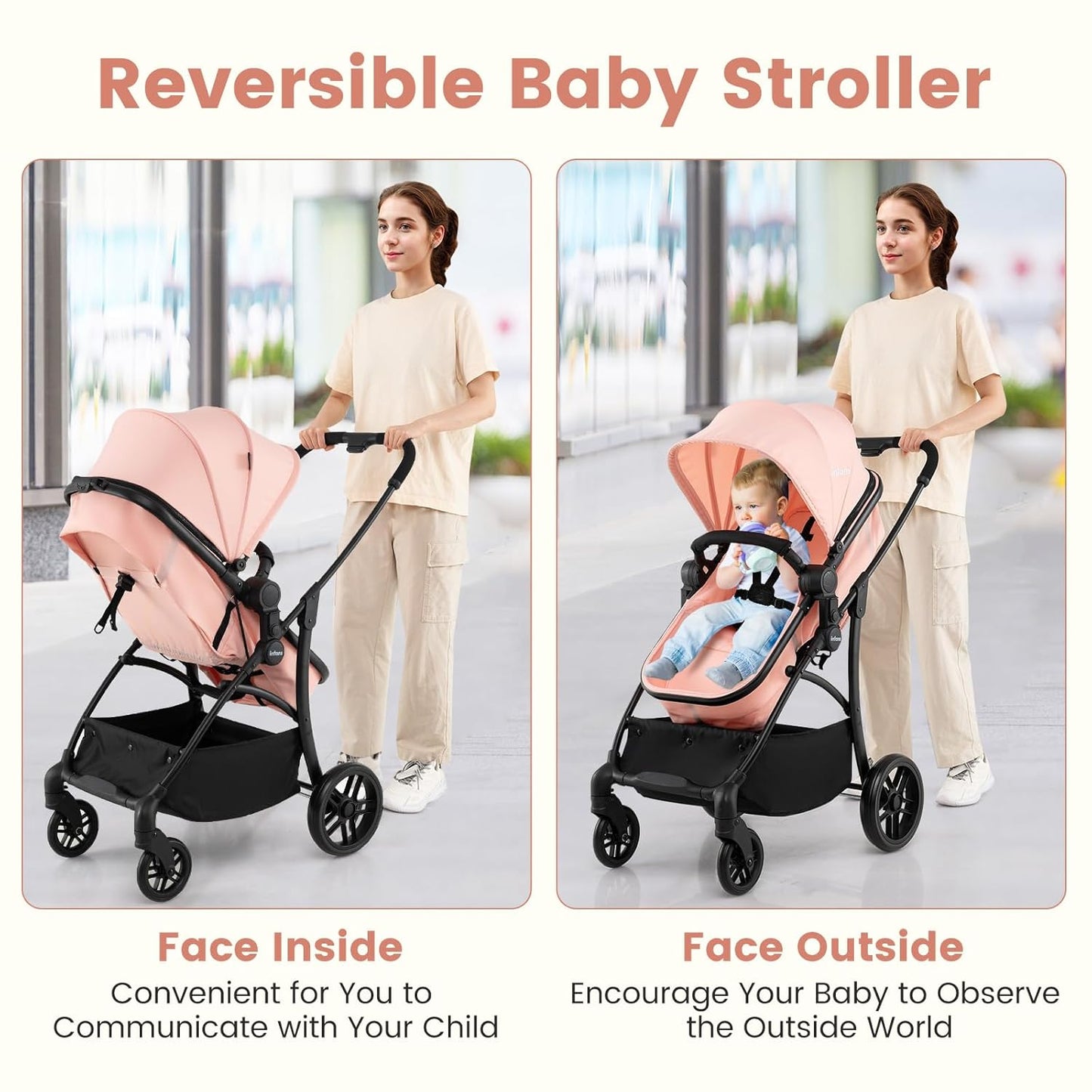INFANS 2 in 1 Baby Stroller, Convertible Stroller with Bassinet Reversible Seat Adjustable Backrest Canopy One Hand Fold, Compact Toddler Pushchair for Kids Infants Newborns 0-36 Months